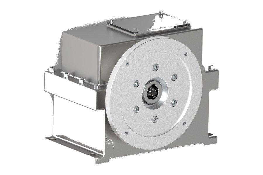 CAD model of a twin-shaft extruder gearbox showing two closely spaced internally splined output shafts, a heavy bolt-circle output flange and bolted split-casing stages (view 3 of 3)