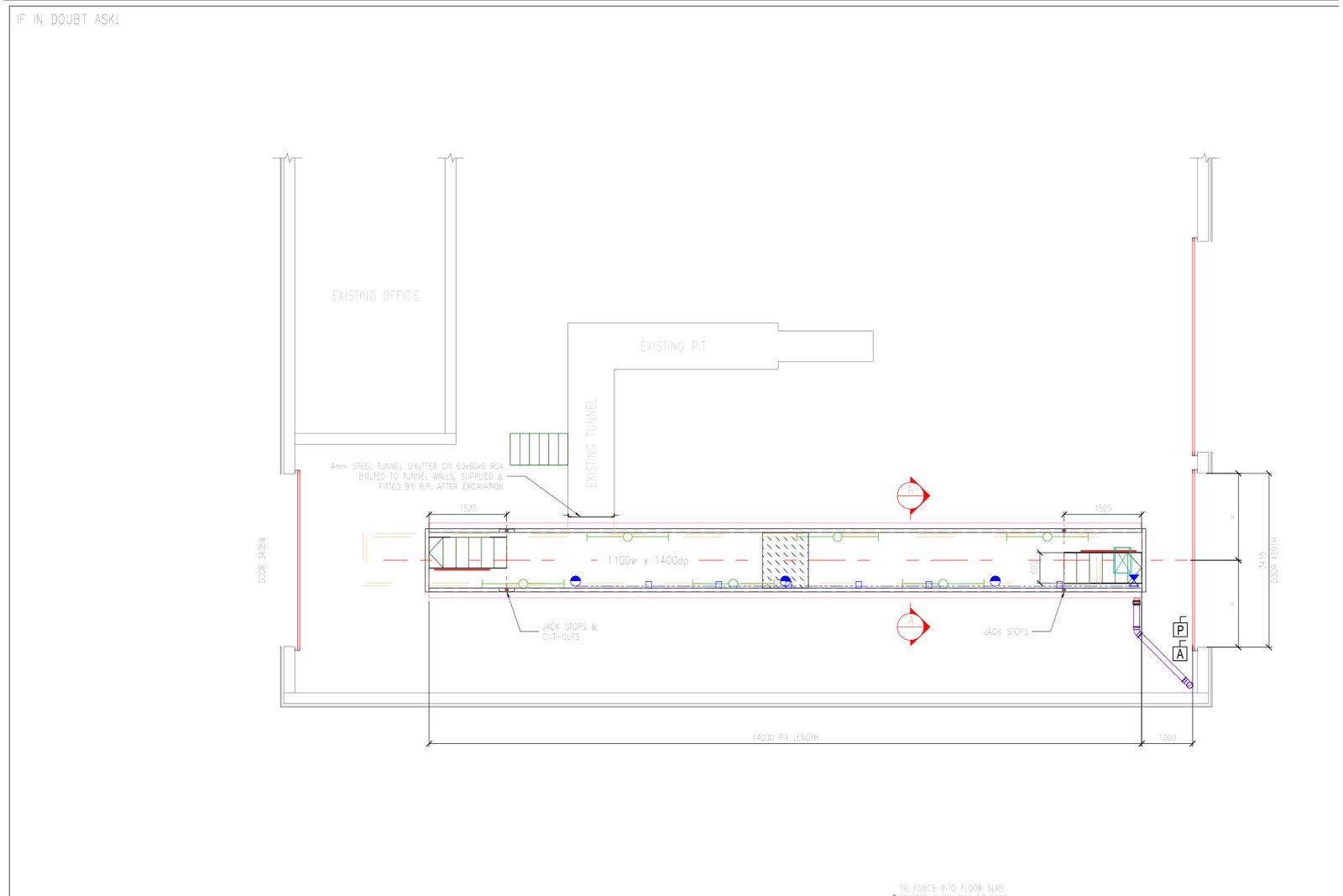 A1 AutoCAD set-out drawing of prefabricated vehicle inspection pits in a transport depot