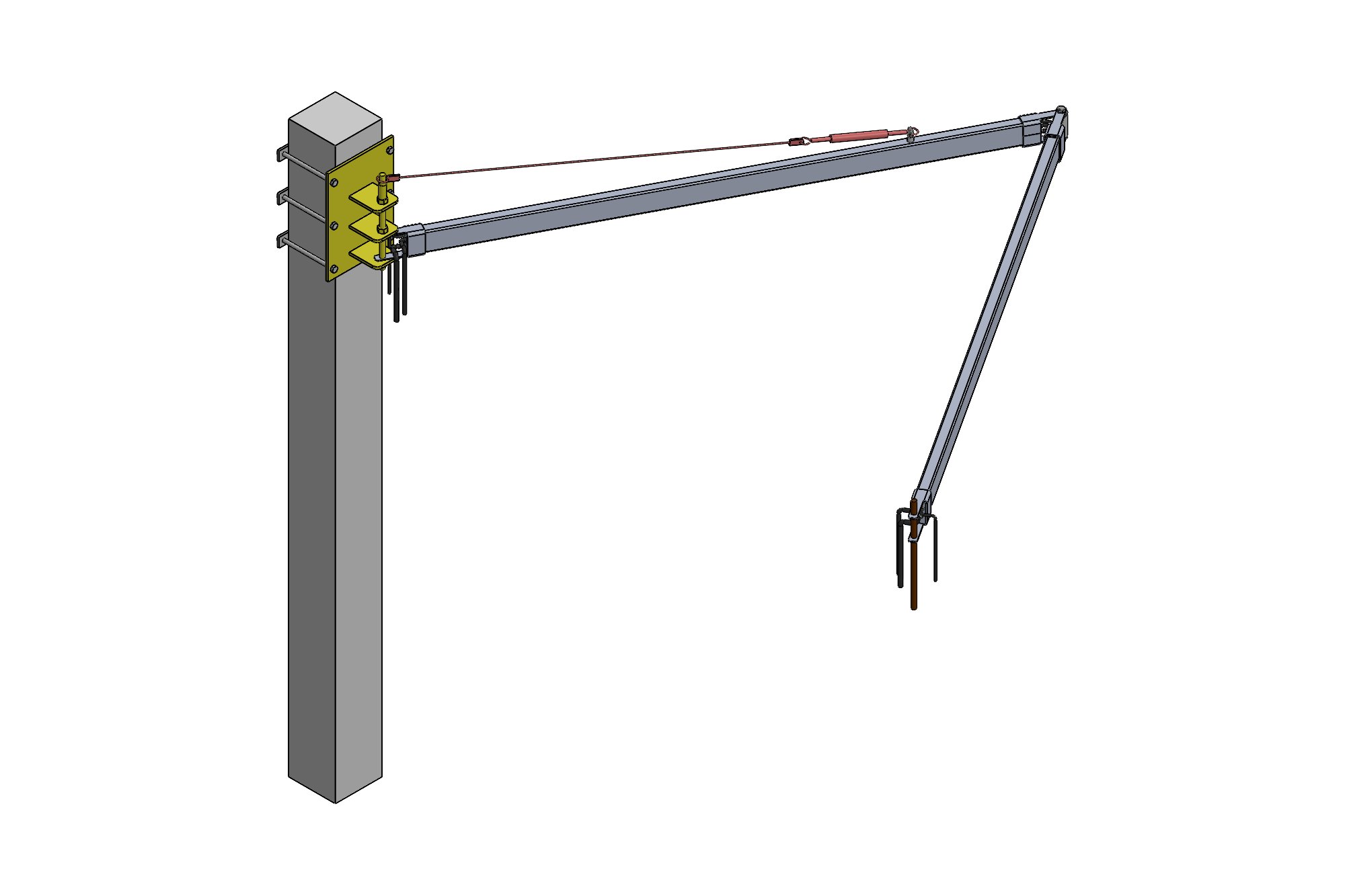 CAD model of a wall-mounted two-section swing arm with a cable stay and service droppers