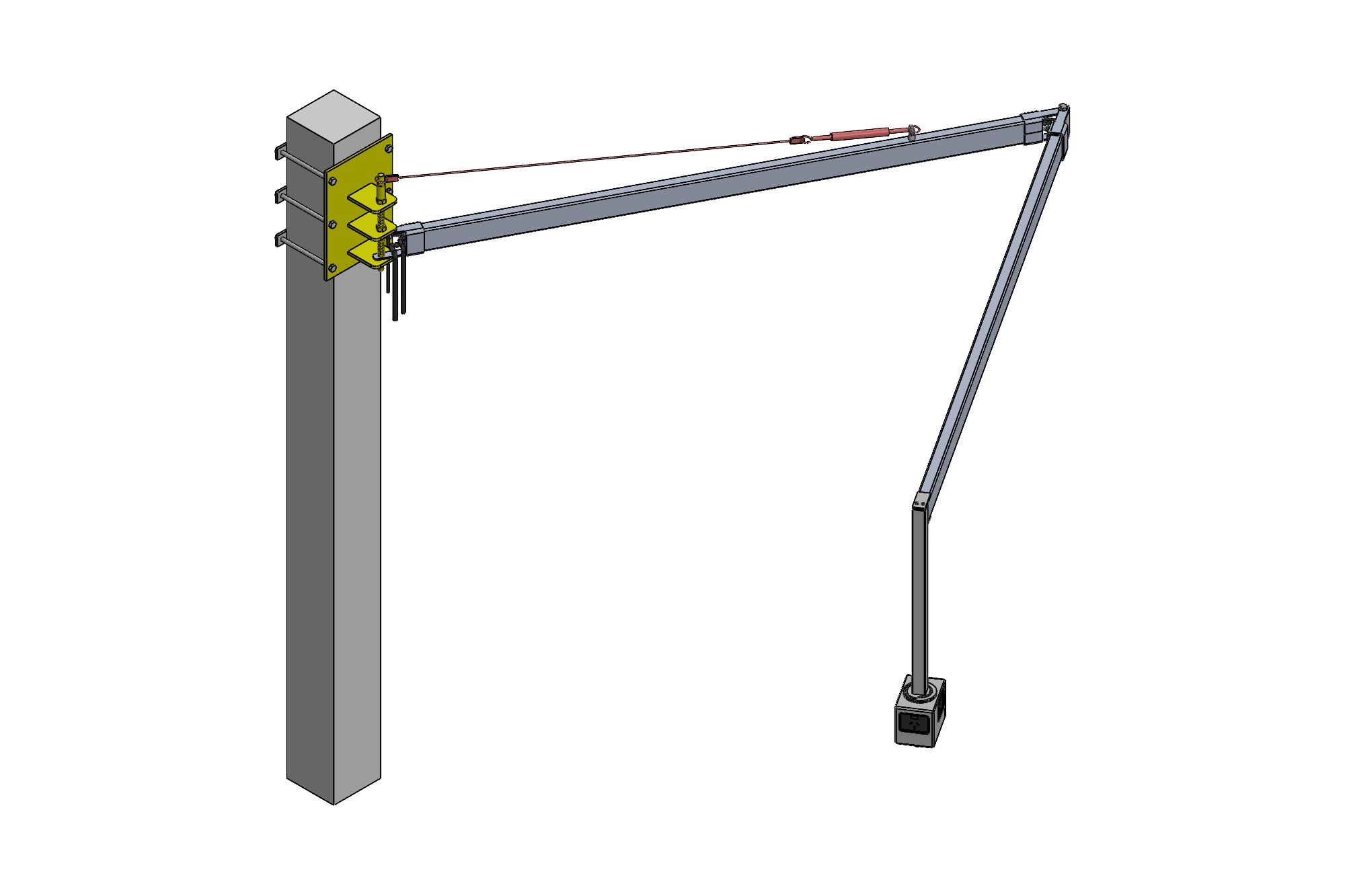 CAD model of a wall-mounted workshop swing arm with vacuum and air pipes