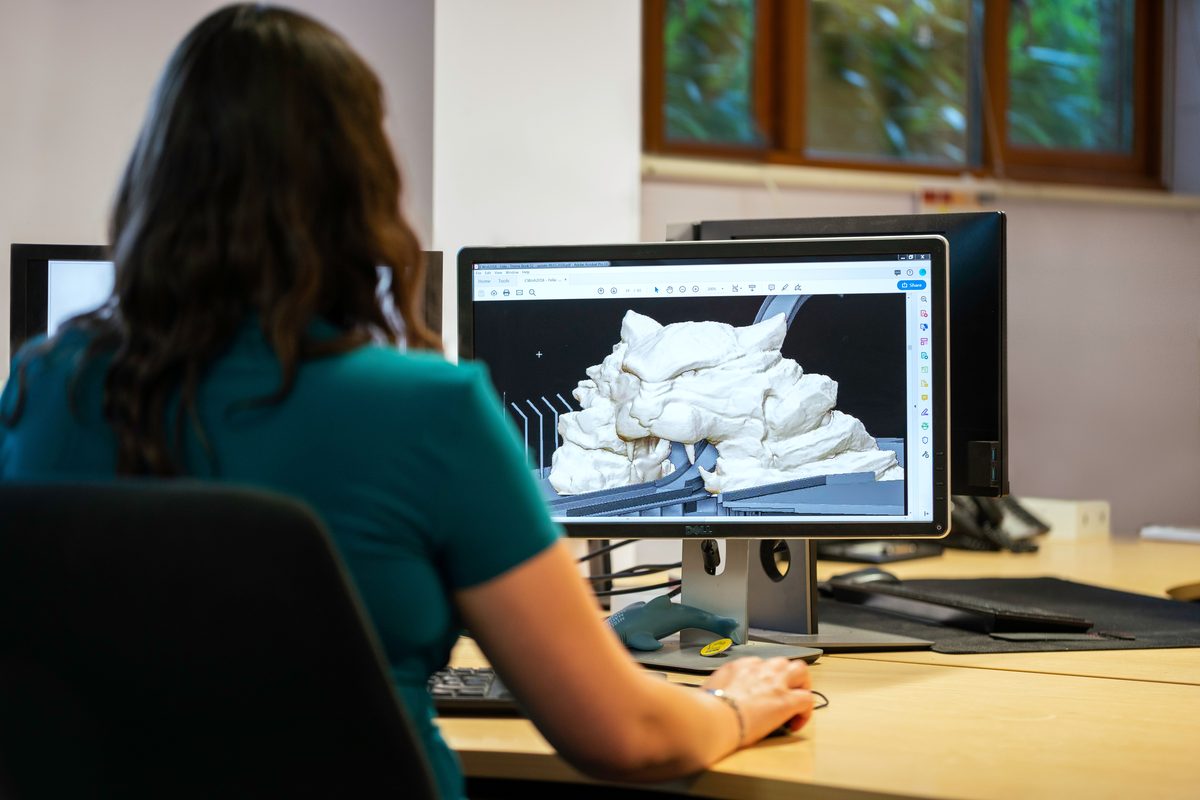 Engineer reviewing a 3D scanned mesh on screen during reverse engineering
